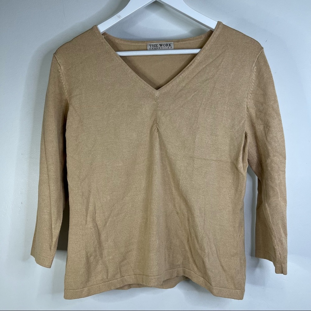 The Work Connection Tan 3/4 length long Sleeve V Neck Basic Knit Shirt Sz Large